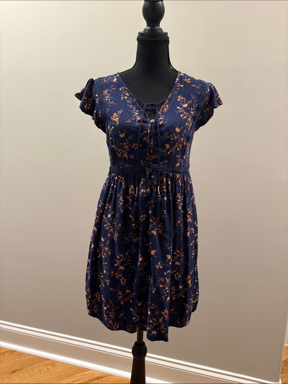 True Craft Navy Mini Dress with Orange Floral Print